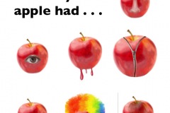 Using an apple to complete the sentence “wouldn’t it be funny if . . .” images depict an apple with a nose, eye, mouth, face, melting, with a zipper, and rainbow hair.
