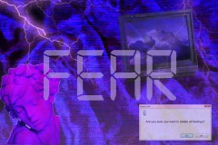 Fear in digital font with purple and blue background and flash of lightenling.