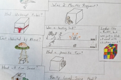 Using a cube to complete the sentence “wouldn’t it be funny if . . .” images depict a bird with a cube head, a pregnant cube, an abducted cube, cube with eyes, ears, a big toothy smile.