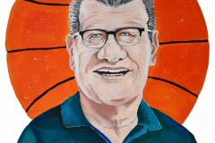 Caricature painting of UConn Women’s Basketball Coach Geno Auriemma, done in gouache paint, portrait style with a large basketball behind him that frames the portrait.