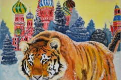 Siberian Tiger pounces through the snow, in front of the stunning St. Basile Church in Moscow, Russia. The church features beautiful colorful architecture, showing the red brick, and colorful designed steeples.