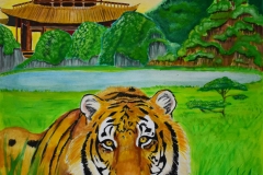 South China Tiger rests in the grasses, with mountains painted behind its back, with a beautifully intricate Chinese temple in the distance. The sky is painted in pinks and orange hues, as if it were at sunset.