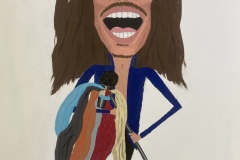 A caricature of Steven Tyler with an oversized mouth and skinny body. He's holding a microphone on a stand with many scarves on it.