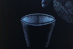 A crow dropping a pebble onto a growing pile of pebbles in a glass pitcher.