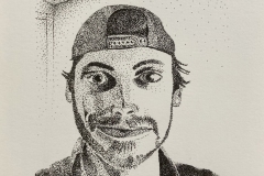 A stippled self portrait of the artist from the shoulders up.