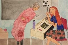 A student seated at a desk holds  sign "Let me read the Bible", as the teacher glares down at her