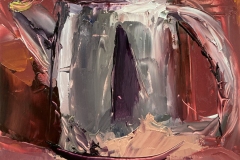 A thick textured painting of a metal percolator reflecting the colors of the surrounding area.