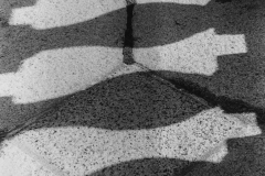 black and white shadows of patterns on ground.