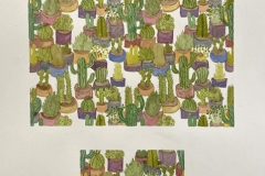 A colorful repeating pattern of various potted cacti
