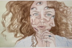 A portrait of a woman with big hair that fills the page. Her face has many noses, eyes and mouths in various locations. A hand perched at her chin.