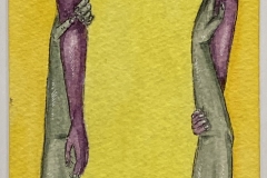 Two sets of outstretched arms grasping eachother by the elbows, one being green, one being purple.