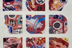 A grid of 9 squares, each with a colorful close up rendering of a sugar skull.