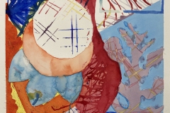 An abstract colorful piece with geometric and organic forms interacting