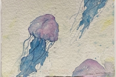 A watery jellyfish swims across the composition.