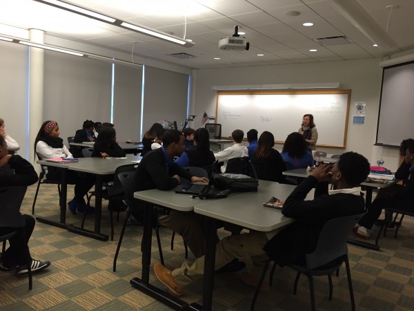 Rae Strickland, MFA, Ed.D., Co-chair of the MCC English Department speaks to Dr. Zotos’ Honors American Literature class about college writing expectations.
