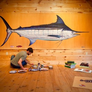 (ALL INTERNAL RIGHTS, LIMITED EXTERNAL RIGHTS) April 2012. James Prosek working in his studio in Easton, CT. He sits in front of his large painting of a swordfish. James is working on his book and exhibition project, "Ocean Fishes". Book will be published by Rizzoli and original paintings will be exhibited around the country. The entire project has been documented by filmmakers Hal Clifford and Jason Houston. Their short documentary, "Picture The Leviathan" will premier at Mountainfilm in Telluride late May 2012. PHOTO BY ©2012 Jason Houston
