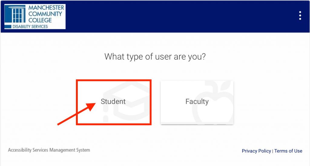 Screenshot of the Symplicity introduction page. A heading asks "What type of user are you?" is followed by a Student button and Faculty button.