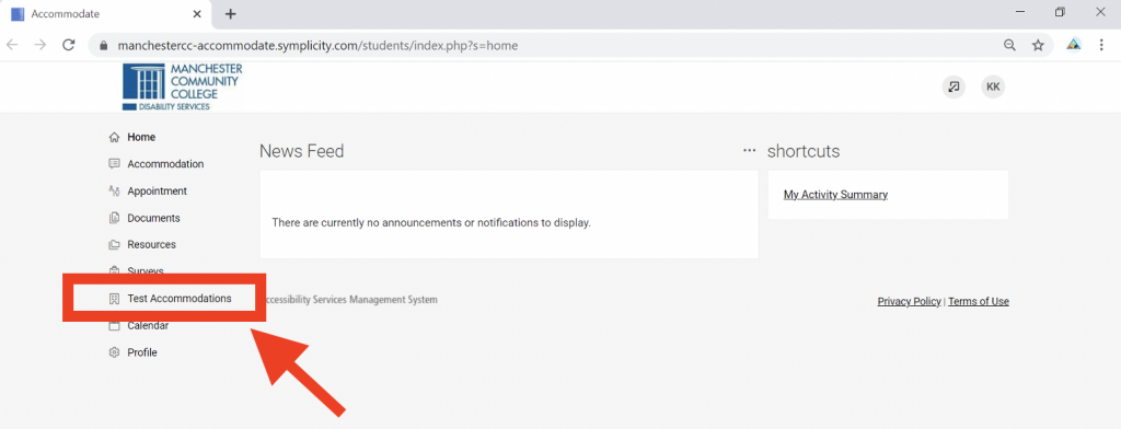 Screenshot showing Student Accommodate portal with Test Accommodations in the left navigation surrounded by a red border and an arrow pointing at it