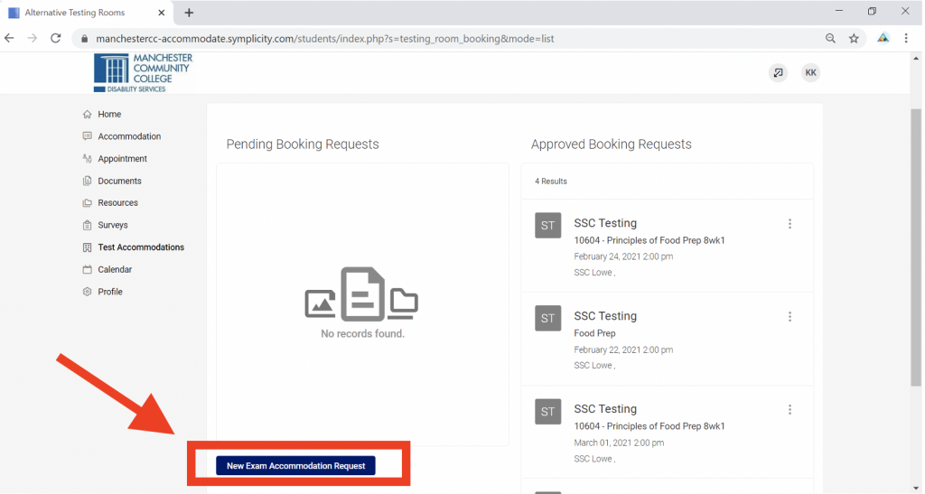 Screenshot of Accommodate portal with New Exam Accommodation Request button surrounded by a red border and an arrow pointing at it