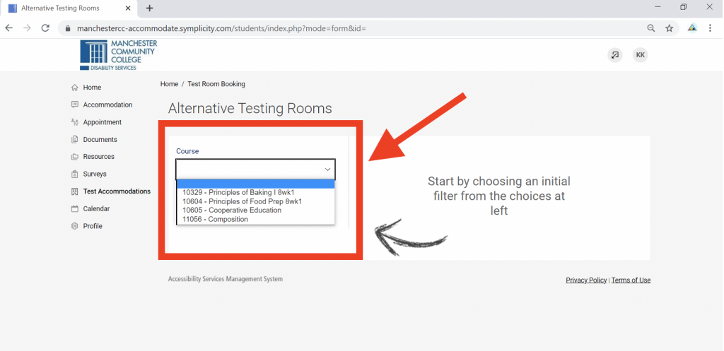 Screenshot of Accommodate portal with Alternative Testing Rooms heading and Course select box below it.