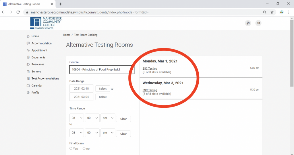 Screenshot of Accommodate portal with Alternative Testing Rooms heading and Course select box below it. An option is chosen and additional options have appeared.