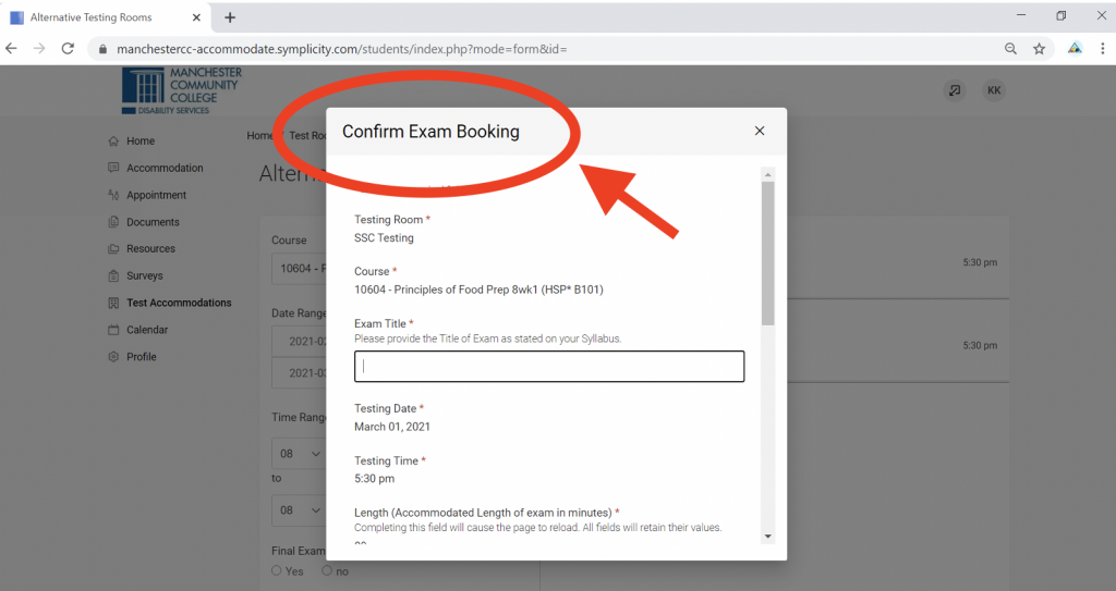Screenshot of Accommodate portal with Confirm Exam Booking modal in focus.