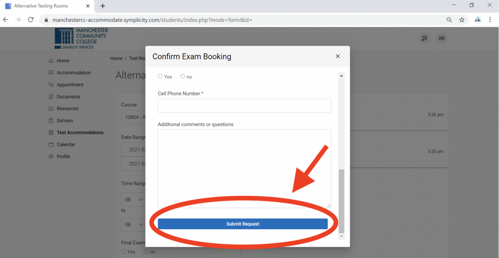 Screenshot of Accommodate portal with Confirm Exam Booking modal in focus. The Submit Request button at the bottom of the modal window has an arrow pointing at it.