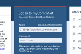 Screenshot of myCommNet login page including NetID and password fields