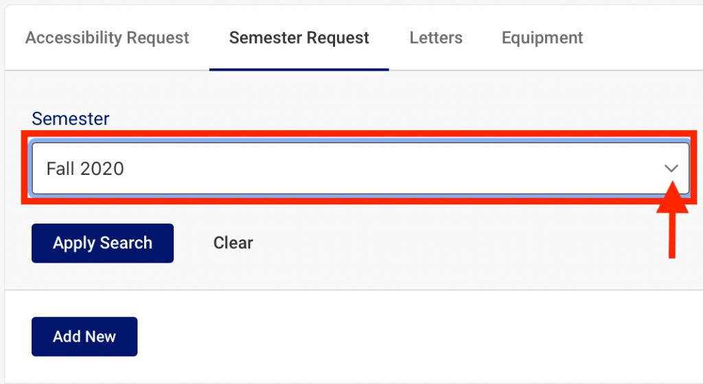 Screenshot of the Semester select box in Accommodate, with a red arrow pointing at the select box