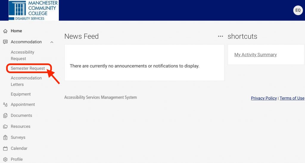 Screenshot of the Accommodate homepage. A red arrow points at the Semester Request option in the navigation in the page's sidebar